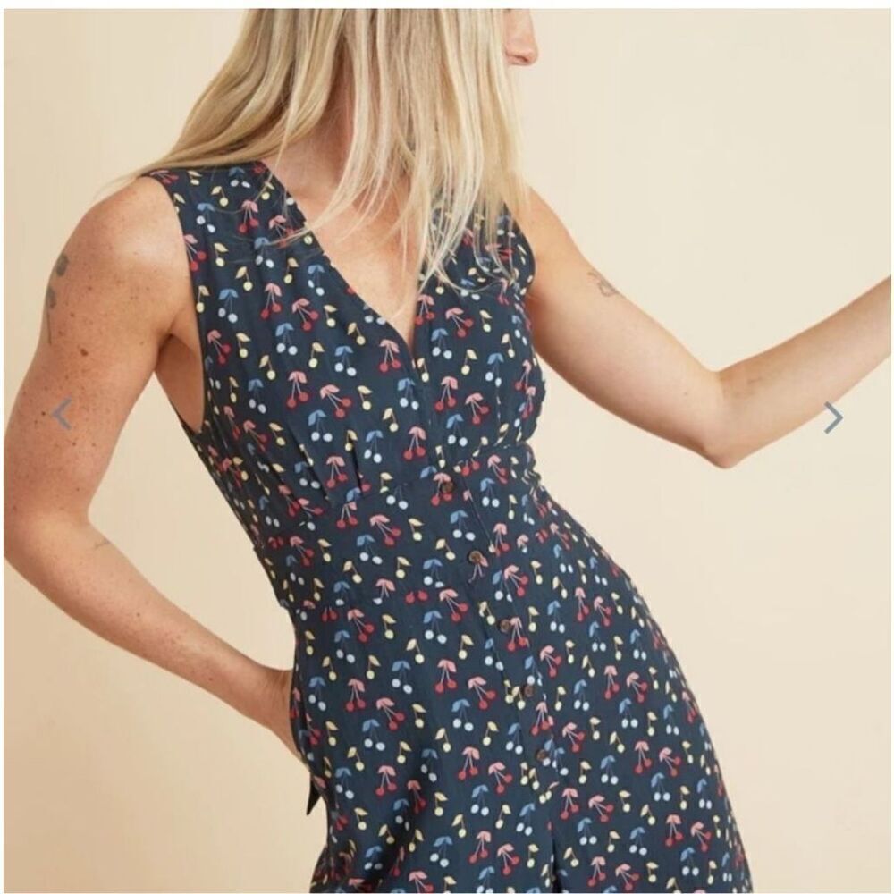 NWT Marine Layer Holli Sleeveless Jumpsuit Blue Cherry Print Pockets Tie Belt XS